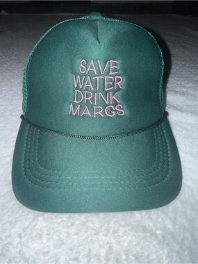 Green Trucker Hat with Pink "SAVE WATER DRINK MARGS" Embroidery